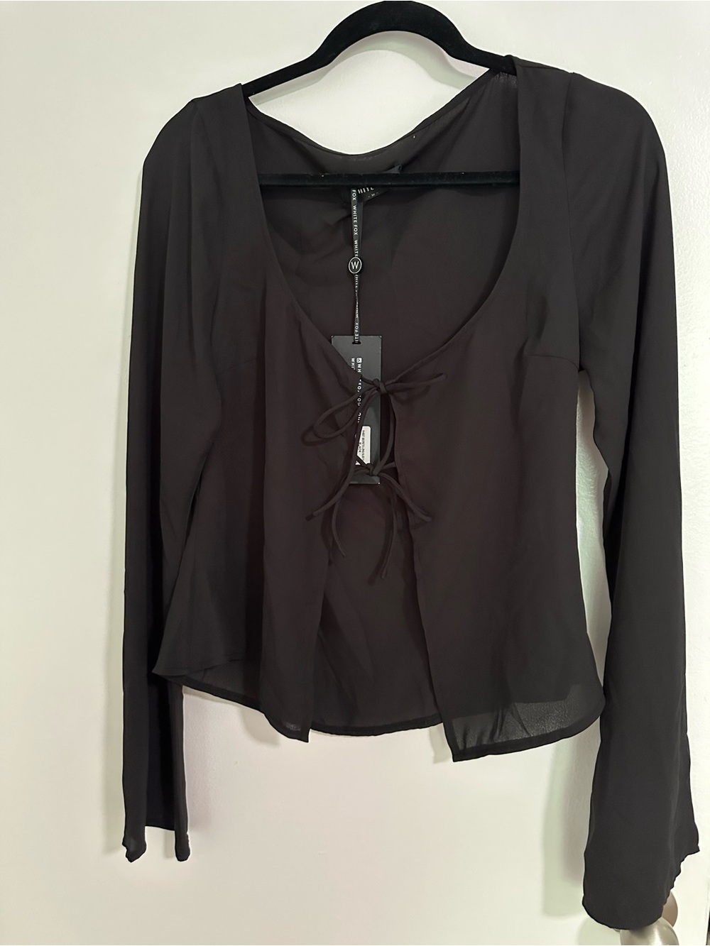 White Fox Boutique Black Sheer Tie-Front Long Sleeve Blouse